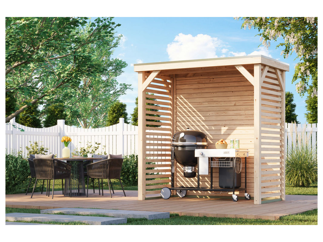 KARIBU Pavillon Mik S aus nordischer Fichte in Braun mit Rückwand, Lamellenwand und Tür - Bild 2