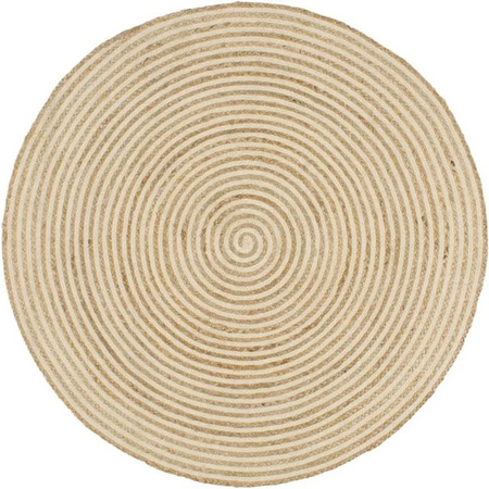 vidaXL Teppich Handgefertigt aus Jute und Baumwolle mit Spiralen-Design in Weiß und Beige, Rund, Durchmesser: 90 cm
