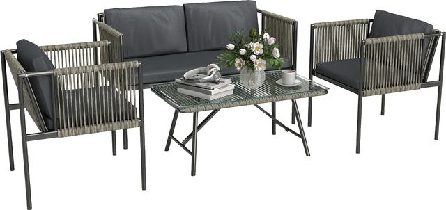 Outsunny Gartenmöbel Set Polyrattan Lounge-Set mit 2er Sofa Sessel und Glastisch in Grau für 4 Personen - Bild 1