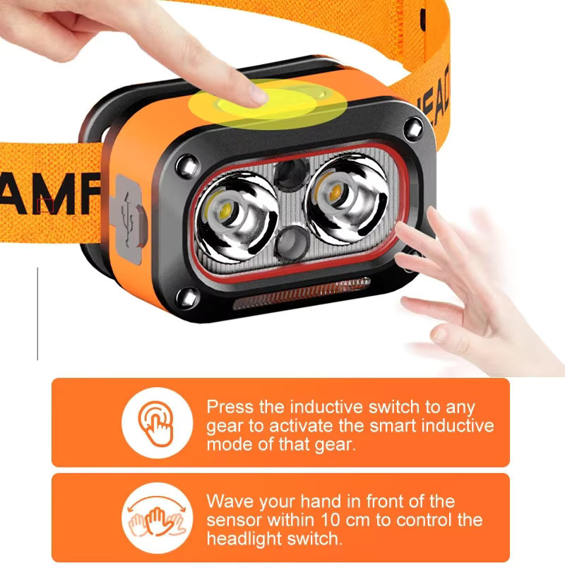 SSET Wiederaufladbare LED-Stirnlampe mit COB-Technik in Orange, ultraheller Scheinwerfer mit 5 Modi und verstellbarem Winkel für Sport und Camping - Bild 4