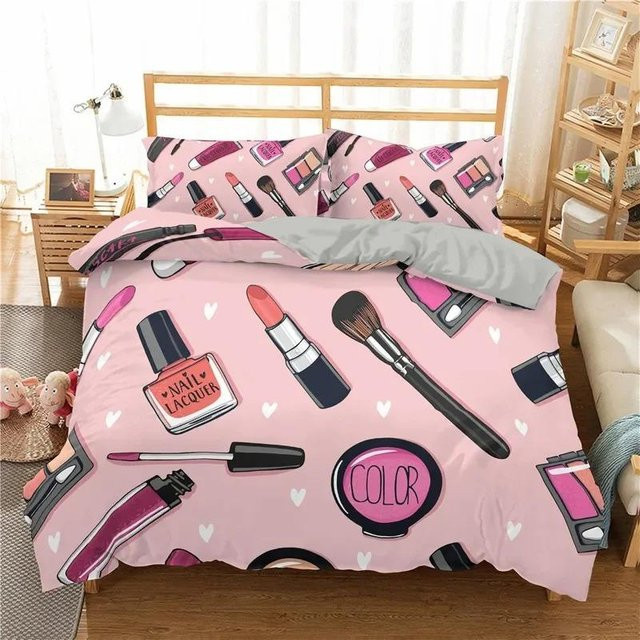 Bettwäscheset Make-up Kosmetik Design von Binchi Outdoor Product in Pink, bestehend aus Bettbezug und Kissenbezügen aus Polyester, B/H: 133 x 200 cm (König Größe) - Bild 1