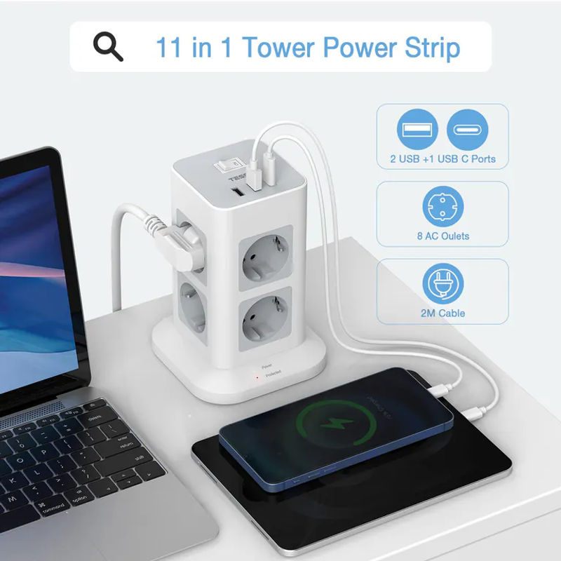 TESSAN Tower 8-Wege-Steckdosenleiste mit Überspannungsschutz, vertikale Mehrfachsteckdose in Grau mit 2 m Kabel, 8 Steckplätze, 2 USB-A und 1 USB-C Anschlüssen - Bild 8
