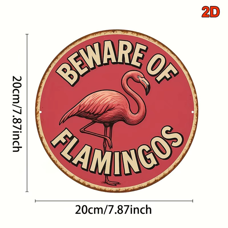 Potdemiel Vintage Aluminiumschild Beware of Flamingos rund, Farbe: Pink, Durchmesser: 20,3 cm - Bild 2