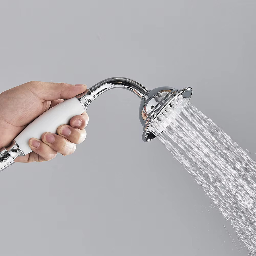 Poiqihy Duschset mit Chrom Handbrause, Keramik Handkopf, Messing Halterung und 150 cm Duschschlauch in Silber - Bild 2