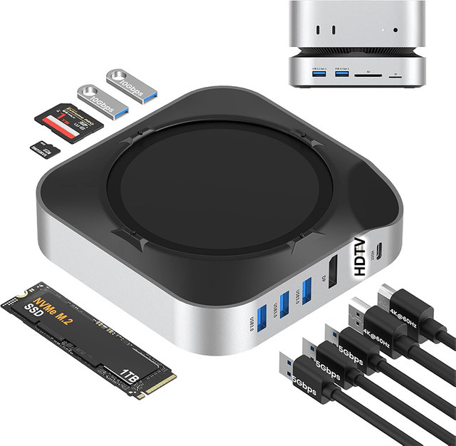 Basix Dockingstation für Mac Mini M4 USB C Hub mit Dual Monitor DisplayPort, M.2 NVMe SSD Slot, 4K60 HDTV und SD/TF Kartenleser, Farbe: Silber - Bild 1