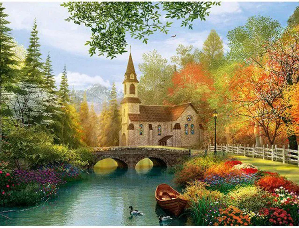 FIYO Diamond Painting Set Motiv Brücke und Kabine mit runden Strasssteinen 5D Stickerei für DIY Kreuzstich B/H: 30 x 20 cm mehrfarbig - Bild 1