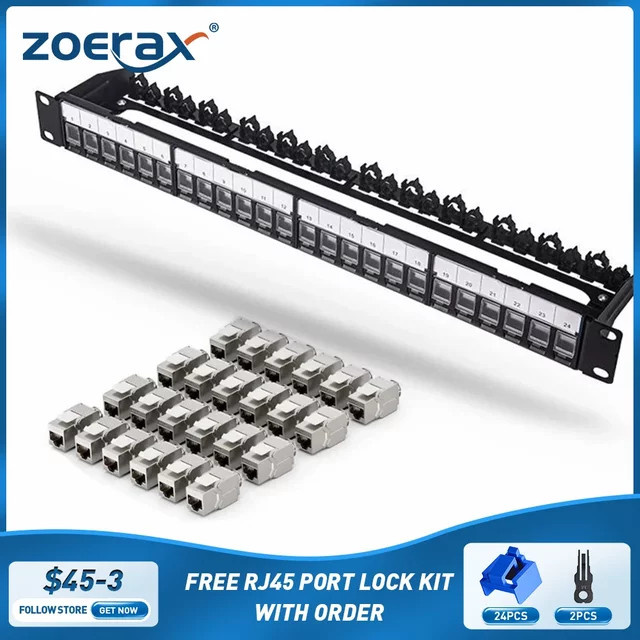 ZoeRax 24-Port RJ45 Patchpanel mit Abschirmung und Jack-Shutter für Keystone-Jacks und Keystone-Koppler, Schwarz, Rackmount oder Wandmontage - Bild 1