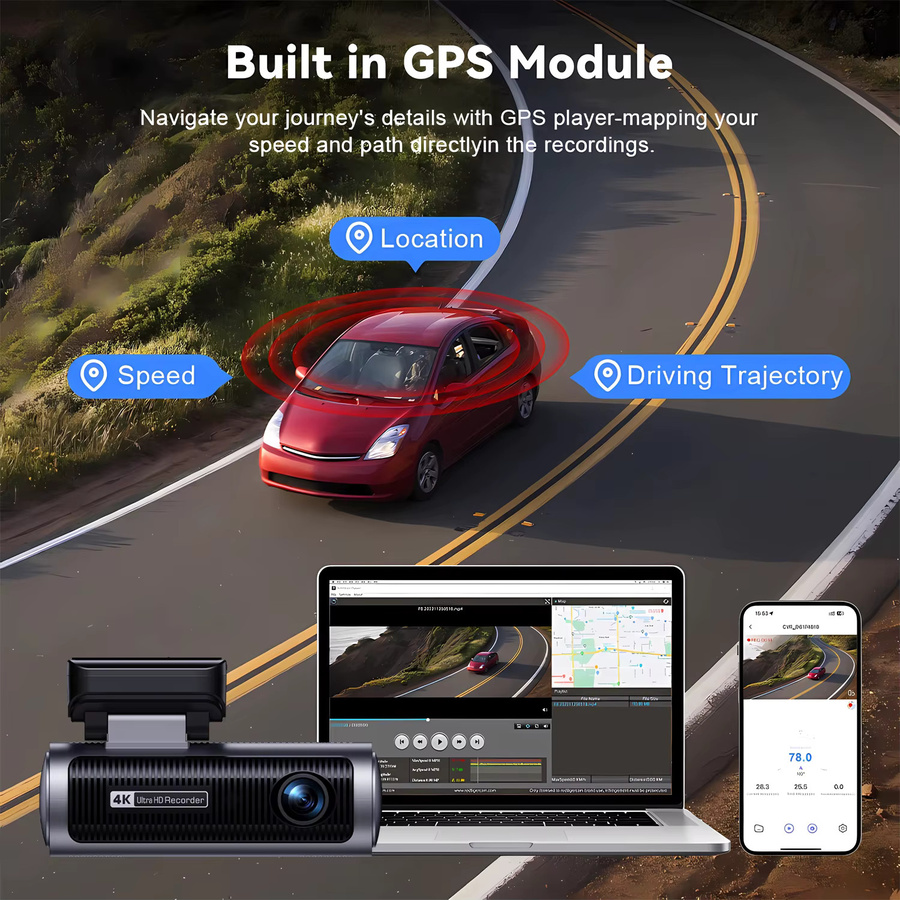Maxtoss Dual-Objektiv 4K Dashcam mit 5G WiFi und GPS, Videorekorder vorne und hinten in Schwarz - Bild 6