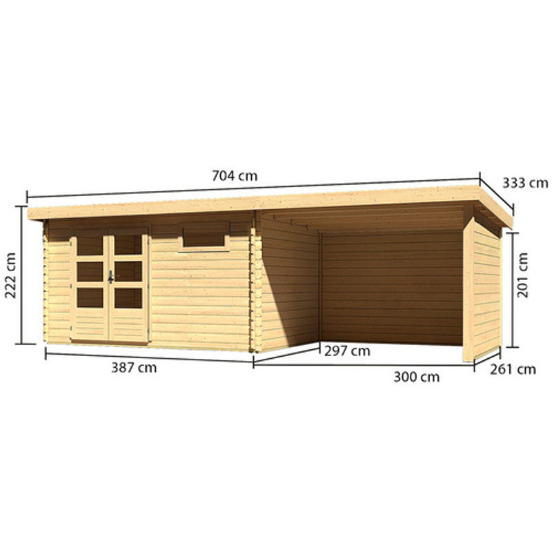 Gartenhaus Holz BASTRUP 8 Blockbohlenhaus Naturbelassen mit Anbaudach B/T/H: 387 x 297 cm - Bild 2