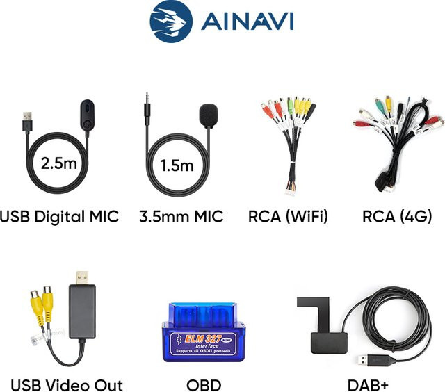 Ainavi Multifunktionales RCA-Kabel für Auto-Android-Multimedia in Schwarz mit USB, 3,5-mm-Mikrofonanschluss, 4G-Kartenslot, OBD und DAB+ Unterstützung - Bild 1