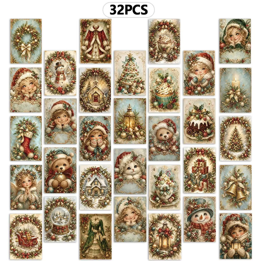 32 Stück Vintage-Weihnachtspostkarten in Blau und Multicolour aus Papier für DIY-Projekte und Wanddekoration - Bild 4