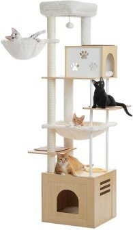 Pawz Road Kratzbaum 190 mit Höhle, Hängematte und integriertem Spielzeug in Beige - Bild 1