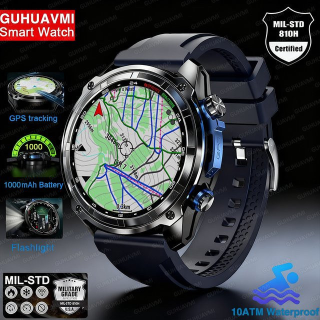 GUHUAVMI GPS Smartwatch für Männer mit Offline-Karten und Routennavigation, 10ATM wasserdicht, 4 GB Speicher, 1000 mAh Akku, Schwarz - Bild 1