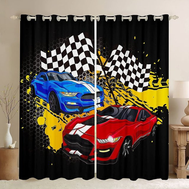 2er-Set Vorhang mit Rennwagen-Flaggenmuster in Mehrfarbig, halbtransparent, mit Ösen, Breite: 50 cm, Höhe: 130 cm - Bild 1
