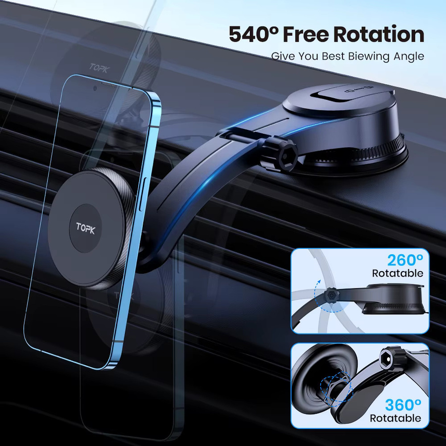 TOPK Magnetischer Autotelefonhalter in Schwarz für iPhone 15, 14, 13, 12 Pro Max mit Magsafe-Unterstützung und Metallhaken für Einhandbedienung - Bild 2