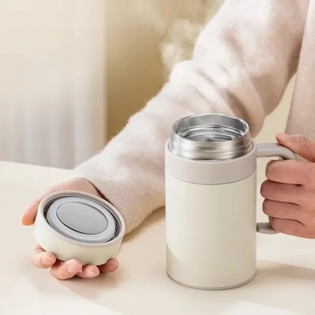 Tragbare Edelstahl Thermos Tasse mit Tee-Trennfunktion und Griff in Weiß - Bild 1