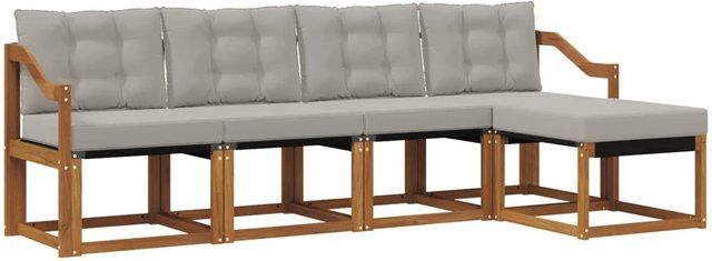 vidaXL Outdoor-Sofagarnitur 5-teilig aus Akazienholz und Textilene in Natur und Hellgrau mit Kissen und Armlehnen - Bild 1