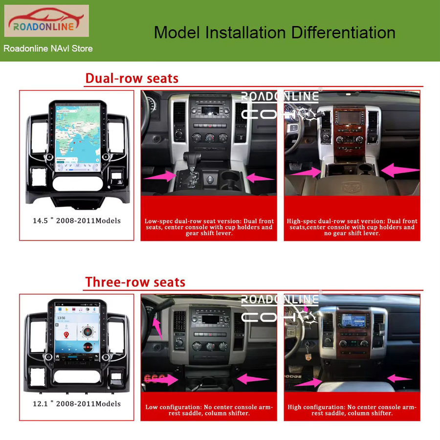 roadonline Android 15 Autoradio 14,5 Zoll für Dodge RAM 1500 2500 2008-2012 mit kabellosem Carplay, GPS-Navigation und Multimedia-Player in Schwarz - Bild 3