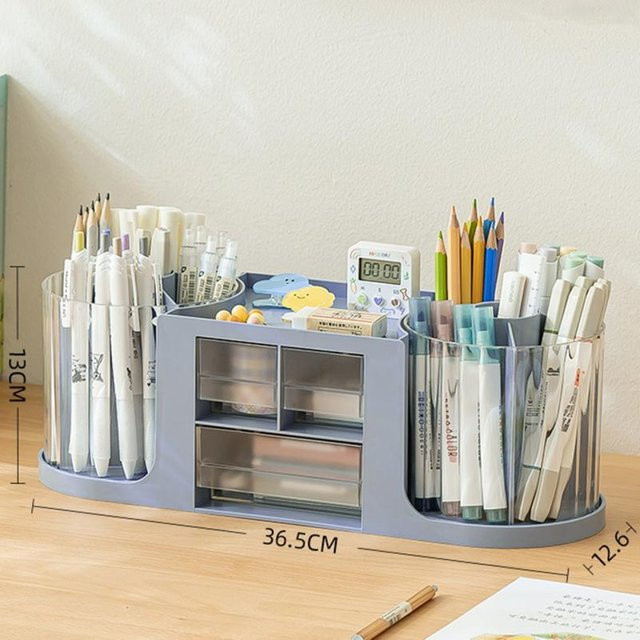 Doppelt drehbarer Schreibtisch-Organizer in Blau mit 3 Schubladen, 2 drehbaren Stifthaltern und Aufbewahrungsbox - Bild 1
