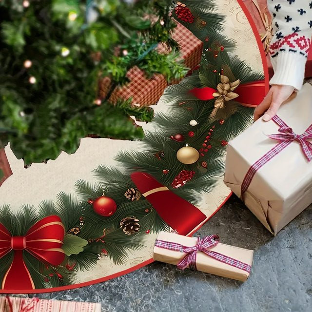 VIKAMA Weihnachtsbaumrock in Rot mit floralem Muster und Schleife zur Weihnachtsdekoration - Bild 1