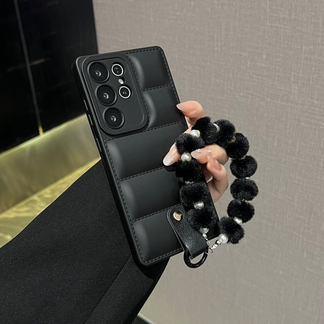 Samsung Handyhülle im Daunenjacken-Stil mit Plüsch-Perlen-Handschlaufe in Pink - Bild 1
