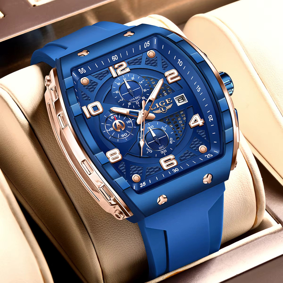 LIGE Armbanduhr Chronograph, Eckig, Edelstahl, Blau, Silikon, Herren - Bild 2