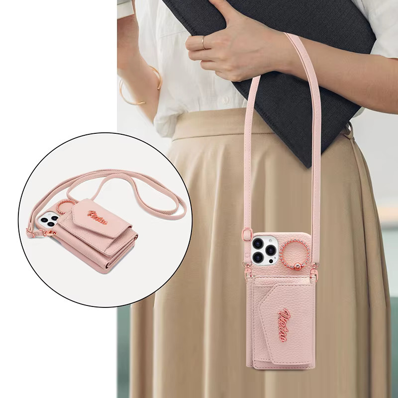 VIETAO Crossbody Handyhülle aus PU Leder mit Brieftasche und Ringhalter für iPhone 15 14 13 Pro Max in Weiß oder Pink - Bild 3