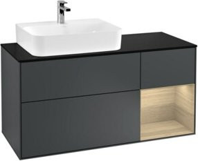 V&B Finion Waschtischunterschrank in Mattblau lackiert mit LED-Beleuchtung und offenem Regal, Breite: 120 cm - Bild 1