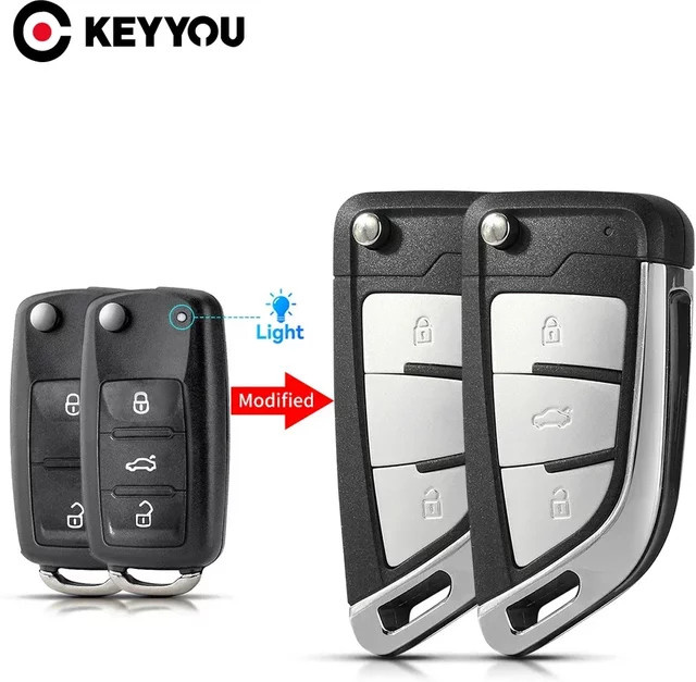 KEYYOU 3-Tasten-Autoschlüsselgehäuse modifiziertes Flip-Klappschlüsseletui in Schwarz für Golf Tiguan Polo Jetta Skoda Seat 5K0 837 202AD - Bild 1