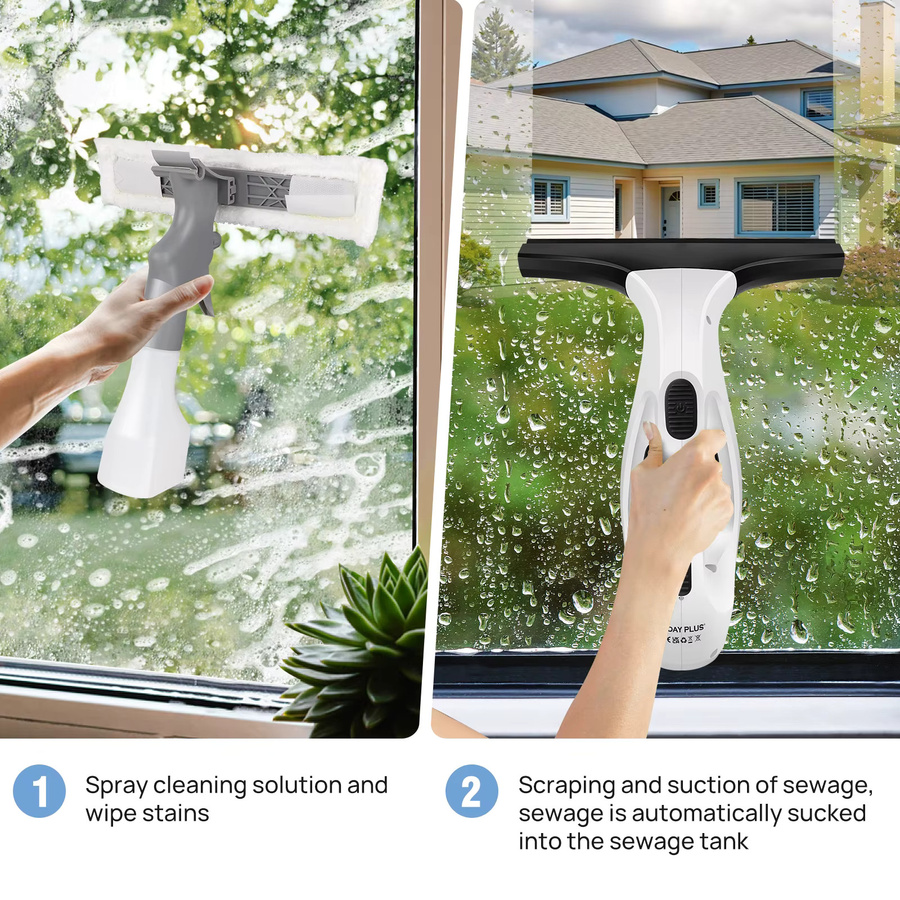 DayPlus 2-in-1 Fensterabzieher und Mikrofaser-Fensterschrubber, kabelloser Fensterstaubsauger mit 34 cm Breite, Farbe: Weiß - Bild 3