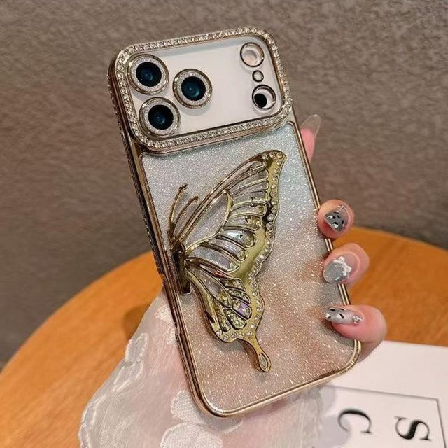 Silberne Diamant Treibsand Schmetterling Handyhülle aus weichem Silikon mit Ständer für Apple iPhone 11 bis iPhone 16 Pro Max, Air und Plus Modelle - Bild 1