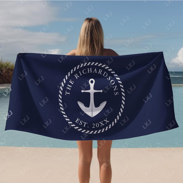 Personalisierbares Strandtuch von JMG Household Supplies, schnelltrocknendes und sandfreies Mikrofaser-Badetuch mit nautischem Design für Erwachsene und Kinder, Blau, B/H: 50 x 100 cm - Bild 1