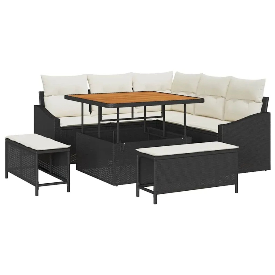 vidaXL 8-teiliges Gartensofa-Set in L-Form mit Kissen, Schwarz und Beige, aus Polyrattan und Akazie für Garten, Balkon und Terrasse - Bild 2