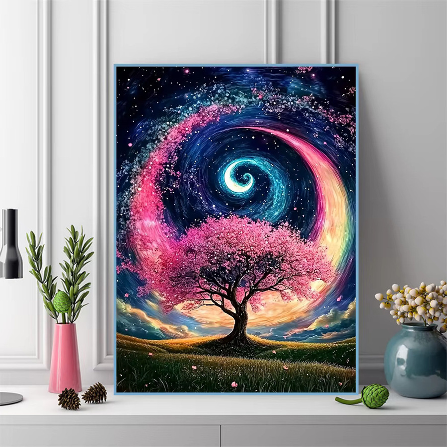 Evershine Diamant Mosaik Bild Kirschblüte mit Strass Malerei in Mehrfarbig, Tischdeko Landschaft mit Blumen und Rundsteinen, B/H: 30 x 30 cm - Bild 3