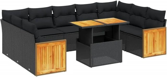 vidaXL 10-teilige Garten-Sofagarnitur mit Kissen aus Poly-Rattan und Akazienholz in Schwarz - Bild 1