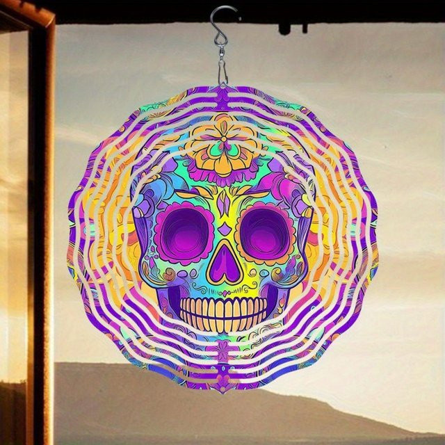 CIFBUY Hypnotic Skull Windspiel aus Metall in Lila gestreift für Halloween und Garten-Deko - Bild 1