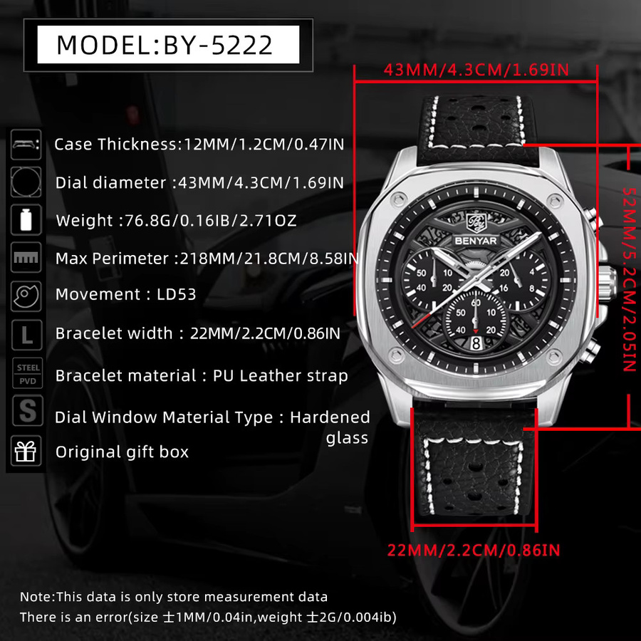 BENYAR Chronograph, Quarz, Edelstahl, Leder, Schwarz, Herren - Bild 6