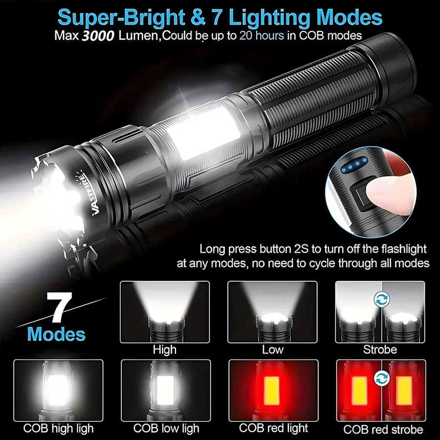 VASTFIRE Taktische LED-Taschenlampe mit USB-Aufladung, Zoom-Funktion und Anzeigeleuchte in Schwarz - Bild 2