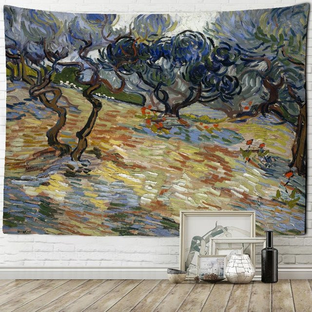 Super Six Wandteppich Reisfeld Ernte im Van Gogh Stil, Boho Wandbehang Landschaft Motiv, B: 95 cm, H: 70 cm, Multicolor/Black - Bild 1