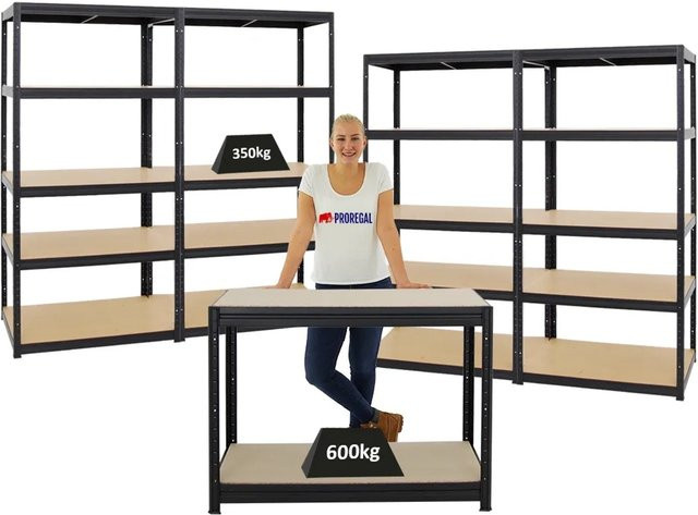 PROREGAL Set aus 4x Schwerlastregal Slim Elephant und 1x höhenverstellbarer Werkbank Slim Dino in Schwarz, H: 180 cm, B: 90 cm, T: 60 cm sowie H: 90 cm, B: 120 cm, T: 60 cm - Bild 1