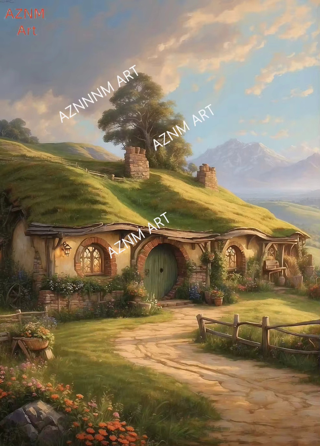 S-Shire Aquarell Wandkunst Hobbiton Hole Bag End Landschaft Leinwanddruck Mehrfarbig - Bild 2