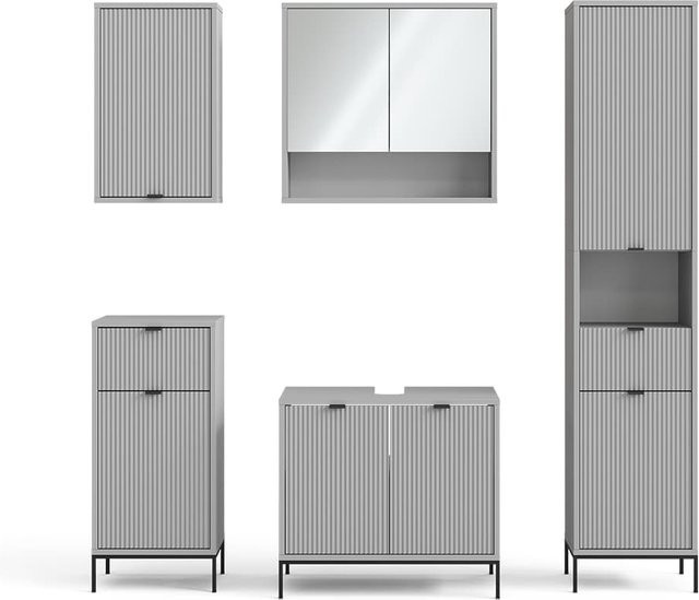 Vicco Badmöbel-Set Eliza in Grau mit 5 Teilen bestehend aus Waschtischunterschrank, Spiegelschrank, Midischrank, Hängeschrank und Hochschrank - Bild 1