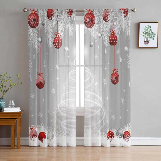 Transparente Tüll Vorhänge mit Silber Zeder Blättern für Wohnzimmer und Küche, 2er Set, Farbe: Silber/Transparent, Breite: 135 cm, Höhe: 215 cm - Bild 1