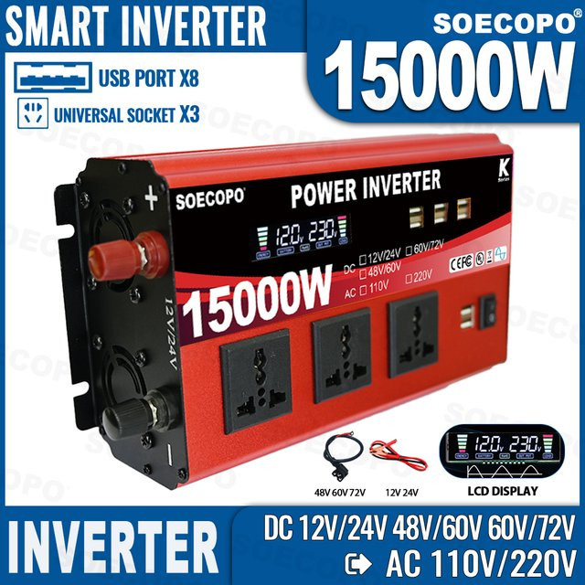 Soecopo Solar-Wechselrichter 15000 W in Rot mit 8 USB-Anschlüssen und 3 Universal-Steckdosen, DC zu AC 110/220 V mit Dual-Spannungseingang für Camping, Wohnmobile und Zuhause - Bild 1
