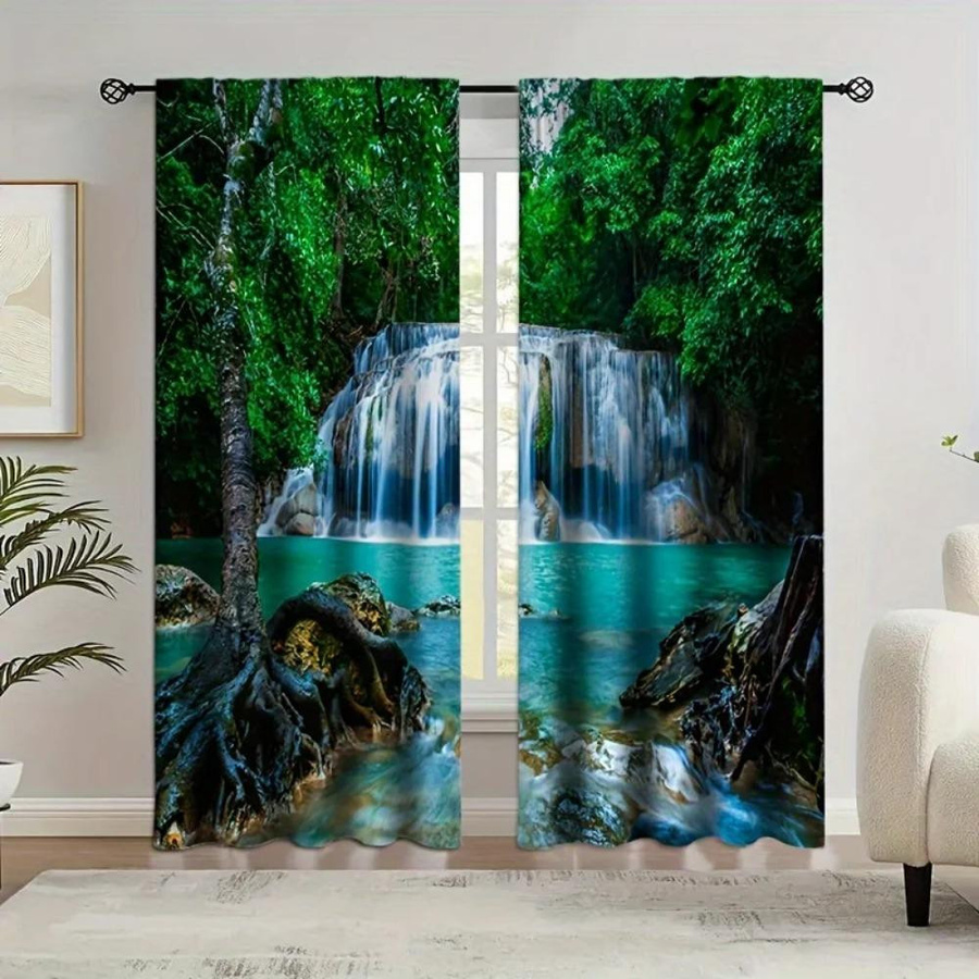 Yiran Furniture Vorhänge mit Naturlandschaft Wasserfall und Vogel Motiv, 2er-Set, halbtransparent, Polyester, Mehrfarbig, B: 100 cm, H: 130 cm - Bild 1