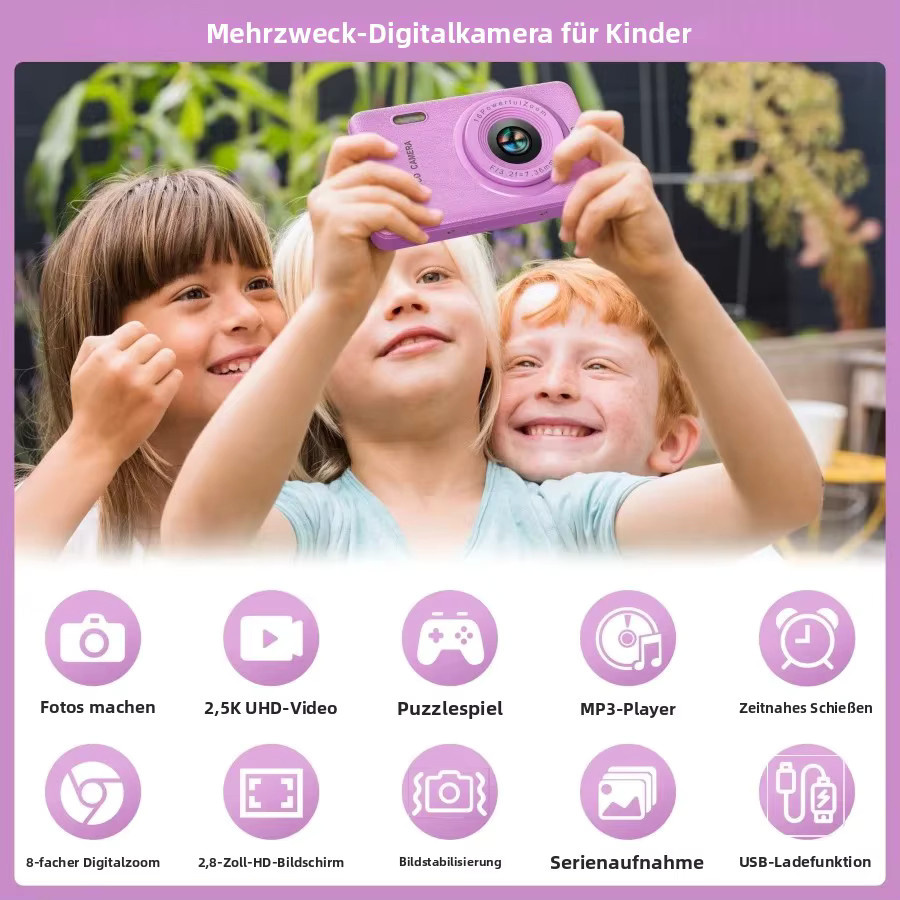 W&O Tragbare Digitalkamera mit 48MP Autofokus, 1080P Full HD, 2,4-Zoll Display, 16-fach Zoom und 32GB Speicherkarte, Kompakte Vlogging-Reisekamera mit USB-C, Schwarz oder Lila - Bild 3