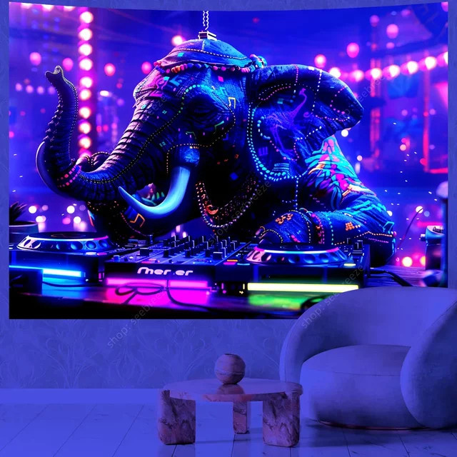 VIKAMA Cyber Neon Wandteppich mit Elefant und Löwe im Cyberpunk-Design, Mehrfarbig - Bild 1