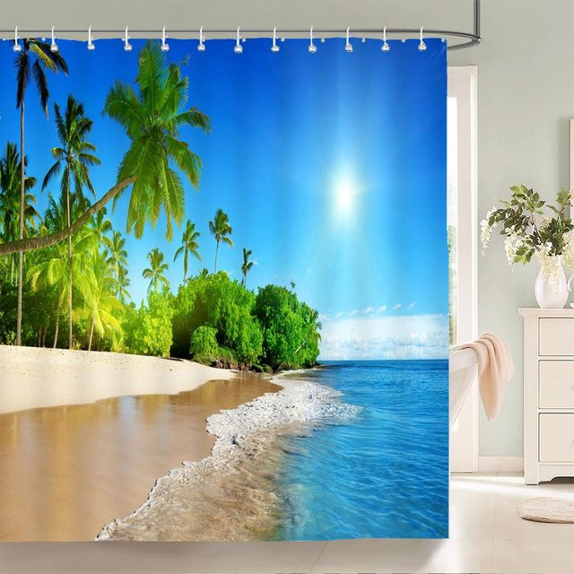 Wasserfester Duschvorhang mit 3D Strand Landschaft Design von Baifenbai Home Furnishing in Blau, B/H: 180 x 240 cm - Bild 1