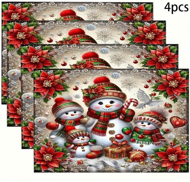 VIKAMA 4-teiliges wasserdichtes Weihnachts-Tischset mit Weihnachtsschneemann für Familienfeiern und Feiertage - Bild 1
