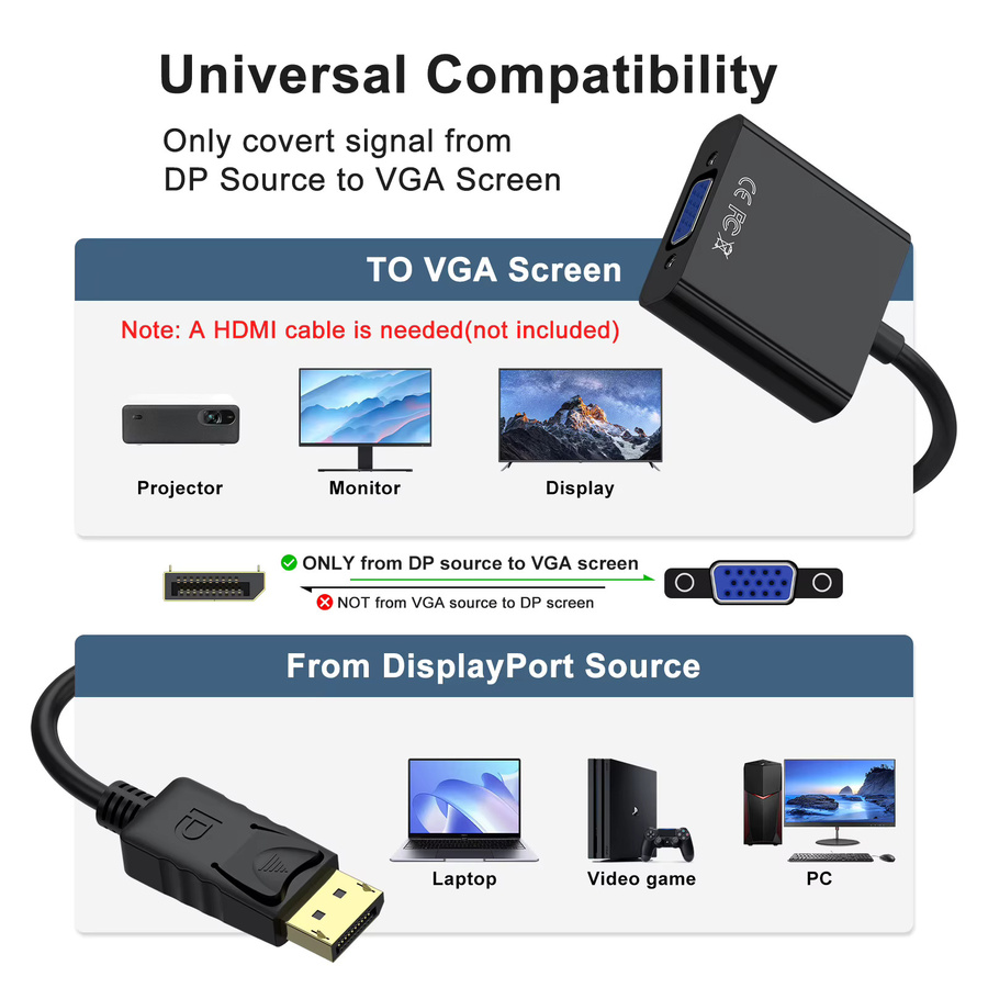 DisplayPort zu VGA Adapterkabel in Schwarz für PC, Laptop und Monitor mit 1080P Auflösung - Bild 2
